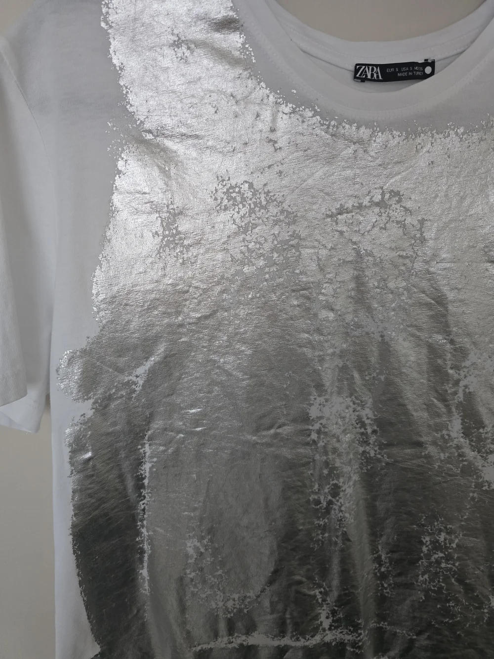 Zara White Tee with Silver Foil Panel Size S Oversized Cotton - Picture 3 of 7